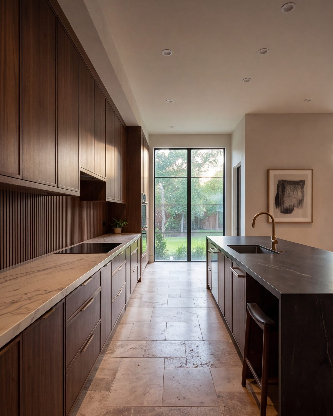 Kitchen run with fluted panels and warm wood leading to a window