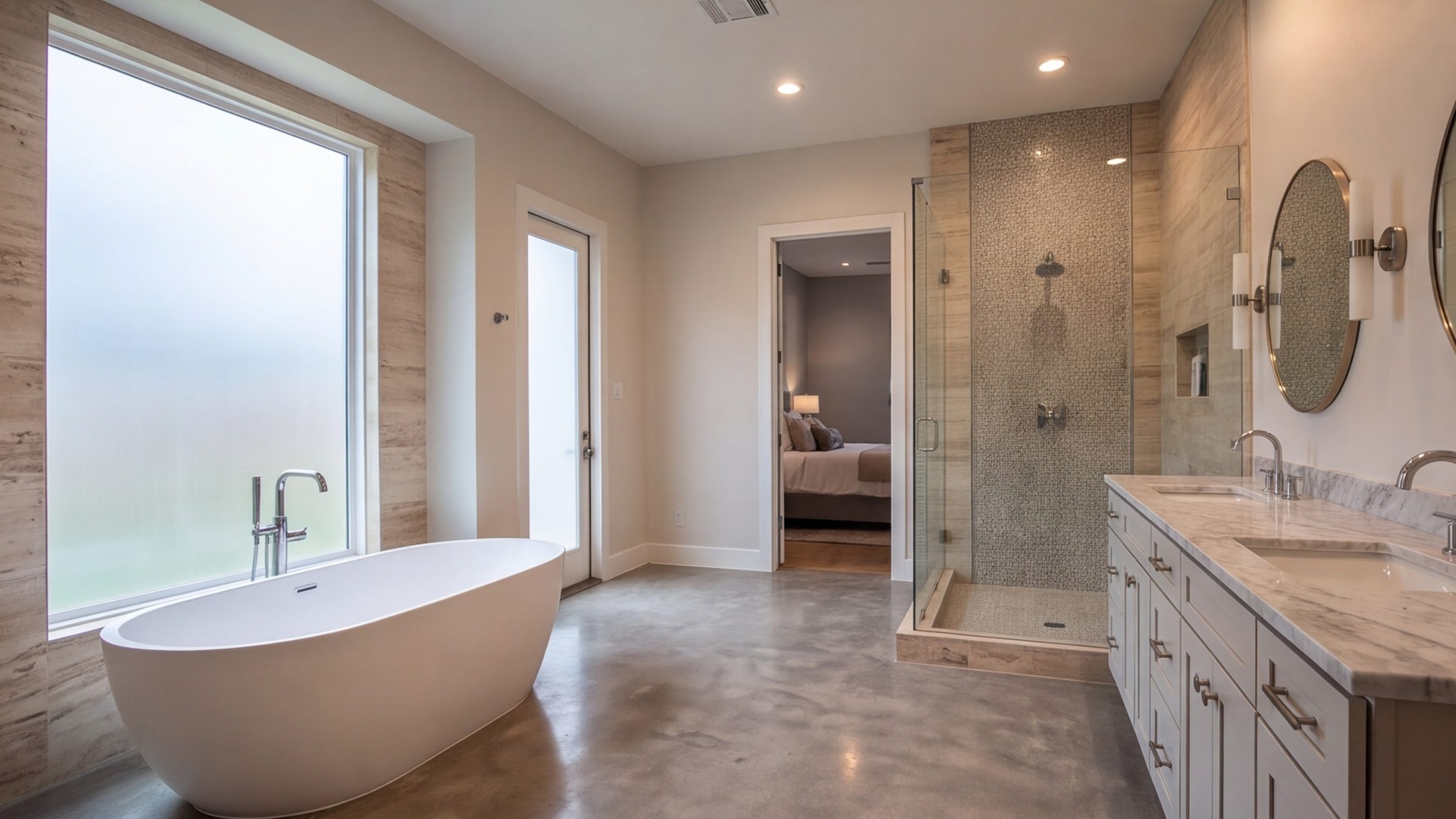 Primary bathroom remodel with a walk-in shower and freestanding tub by a large window